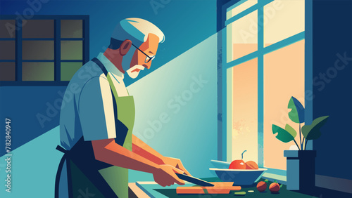 As sunlight streams through a window an older man chops vegetables with practiced ease creating a nutritious stirfry that will help him manage
