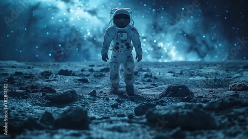 Astronaut on moon with the universe at back. Space exploration.