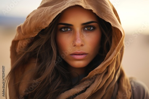 A Bedouin woman, her eyes reflecting the depth of the desert skies, her pastel brown attire flowing gracefully in the wind as she traverses the sandy terrain