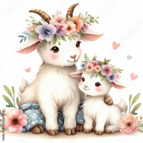 Goat Mom and Baby ,Watercolor Mother's Day Clip Art, Greeting Art Cute Cartoon Character Illustration Design Isolated on White Background