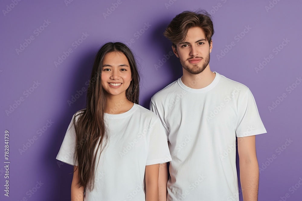 Diverse Couple Posing Together in Casual White T-Shirts Against Purple Background Diverse Couple Posing Together in Casual White T-Shirts Against Purple Background