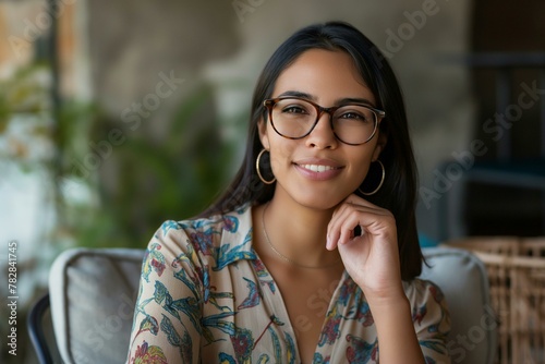 Confident Hispanic Female Entrepreneur With Glasses Poses Indoors