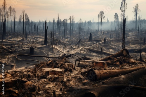 A deforested area with charred remains, showcasing the aftermath of forest fires caused by deforestation practices © Hanna Haradzetska