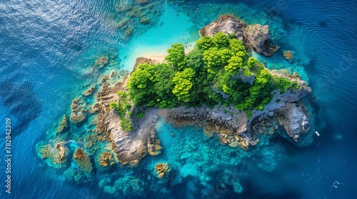 Aerial View of a Lush Island with Turquoise Sea Waters © Stanley