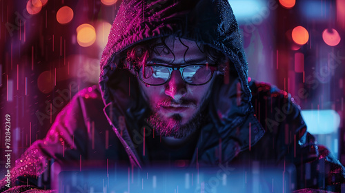 A hacker working in front of a laptop screen with covered face in a neon color dark background 