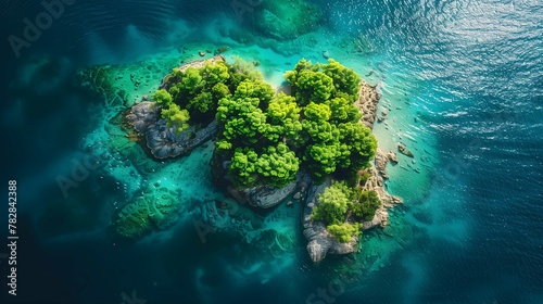 Aerial View of Tropical Island with Lush Greenery and Clear Blue Waters