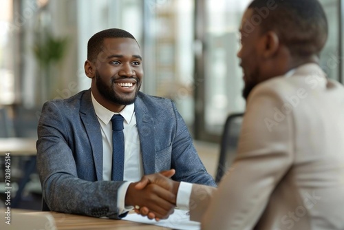 Happy African customer shaking hands in job interview banner. photo