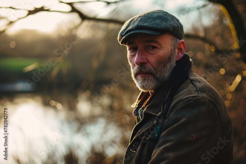 Portrait of an old man with a gray beard in a hat on a background of nature. © Loli