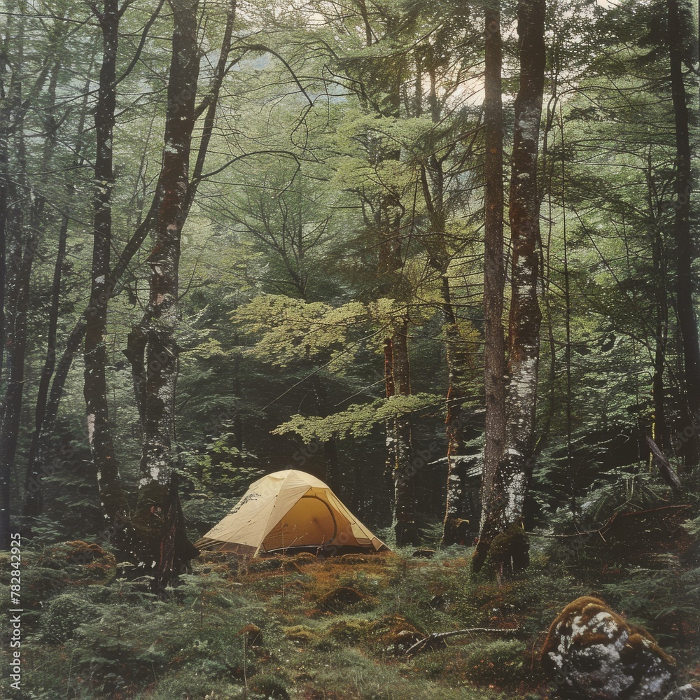 A tent in a forest.