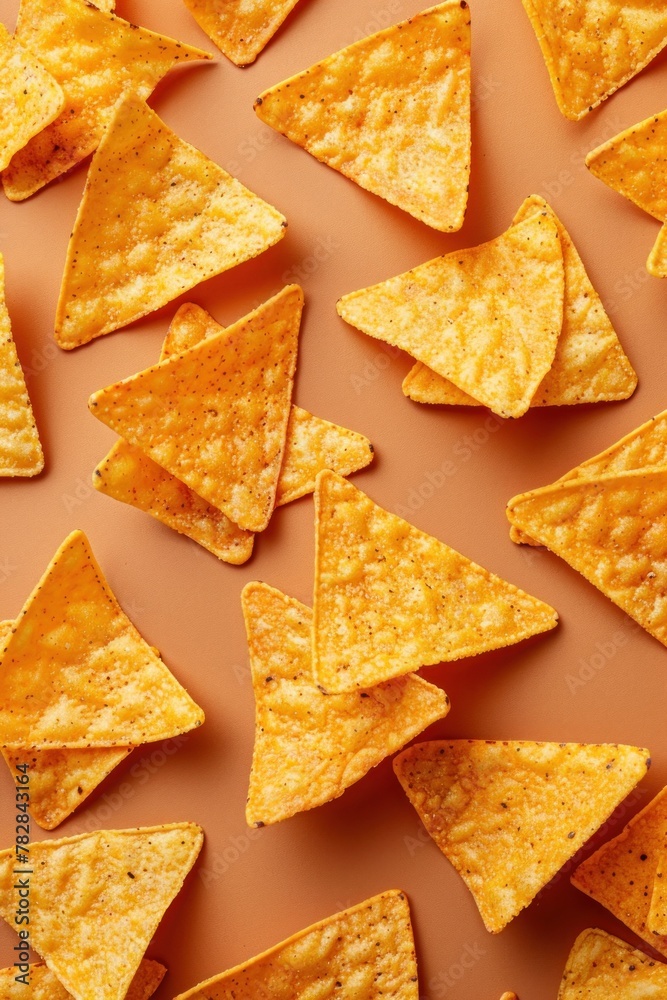 A heap of triangular yellow tortilla chips arranged on a tabletop A heap of triangular yellow tortilla chips arranged on a tabletop
