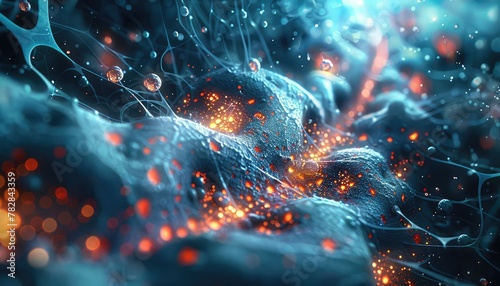 Medical Nanotechnology Visualization,Produce an abstract visualization of medical nanotechnology, showcasing nanoscale materials, drug delivery systems, and cellular interactions photo