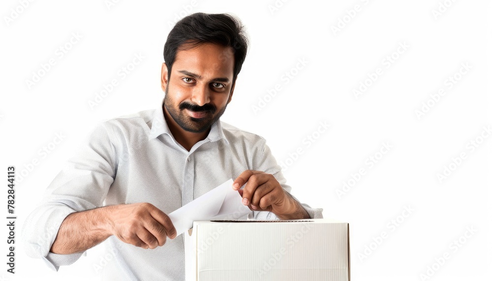 Indian man putting his vote in the ballot box on Election Day. Fictional Character Created by Generative AI. Indian man putting his vote in the ballot box on Election Day. Fictional Character Created by Generative AI.