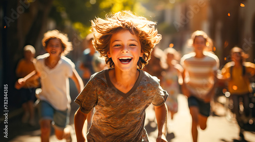 Cheerful children frolicking together in summer park