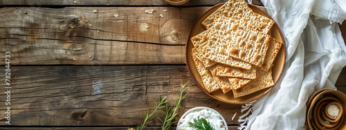 Happy Passover - Happy Pesach. Traditional Passover bread on wooden table. Horizontal banner. 