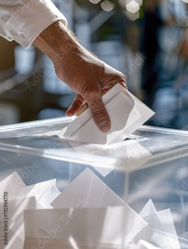 closeup image of Voter putting their vote into transparent ballot box on Election Day
