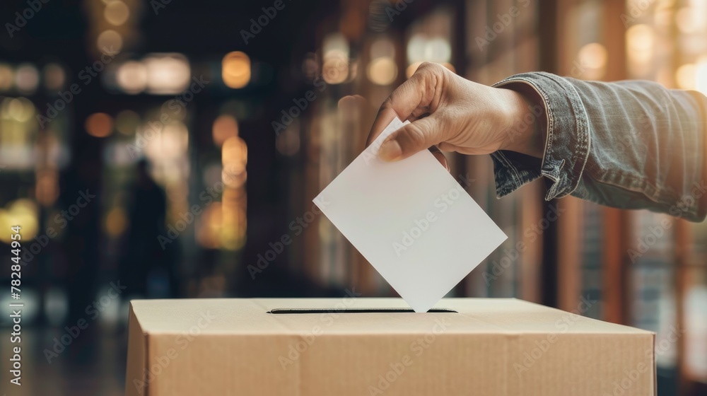 Voter putting ballot paper into voting box on Election Day, closeup image. Fictional Character Created by Generative AI. Voter putting ballot paper into voting box on Election Day, closeup image. Fictional Character Created by Generative AI.