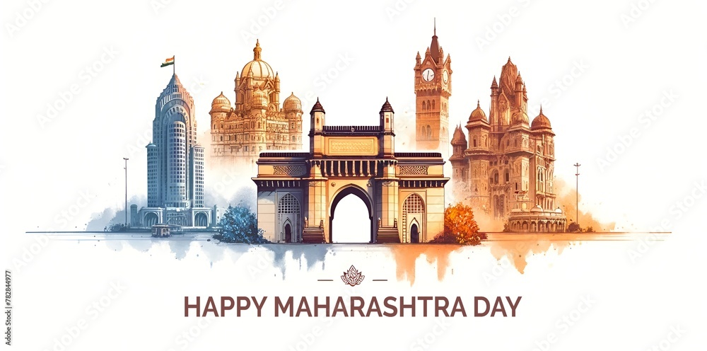 Happy maharashtra day card illustration in watercolor style with famous maharashtra monuments.
 - obrazy, fototapety, plakaty 