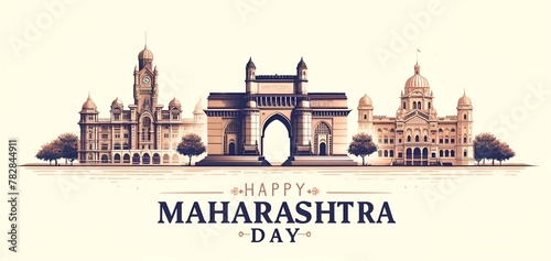 Happy maharashtra day card illustration with famous maharashtra monuments.
 photo