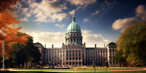 A Breathtaking Cityscape Featuring the Iconic State Capitol Building Set Against a Heavenly Backdrop of Sky and Clouds