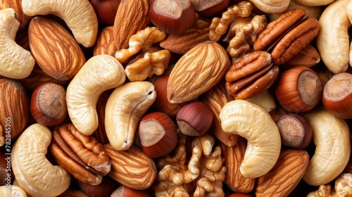 Top view composition of assorted nuts creating a natural background with various types of nuts