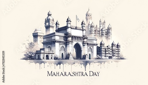 Watercolor style illustration for maharashtra day with a stylized collage of maharashtra's buildings. photo