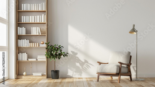 Wooden book shelf in front of white wall, wooden floor, houseplant. Minimalistic interior design.	