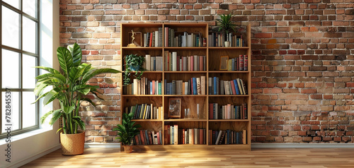 Wooden bookshelf in front of brick wall  wooden floor  houseplant. Minimalistic interior design