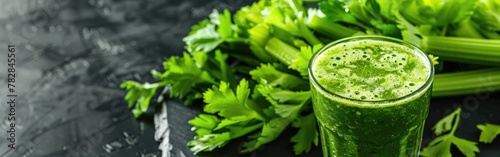 Healthy Celery Juice on Dark Food Photography Background with Fresh Vegetables on Table