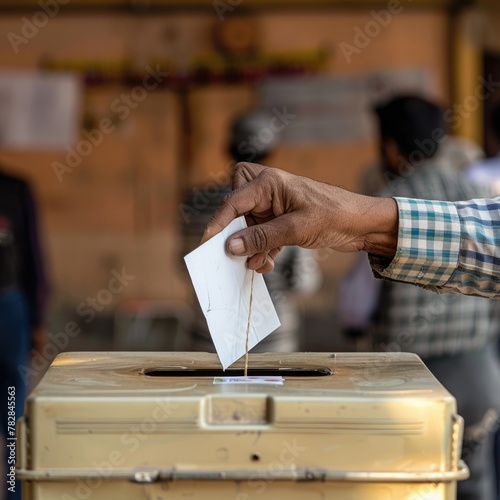 closeup image of man putting a ballot paper into voting box on Election Day. Fictional Character Created by Generative AI. © shelbys