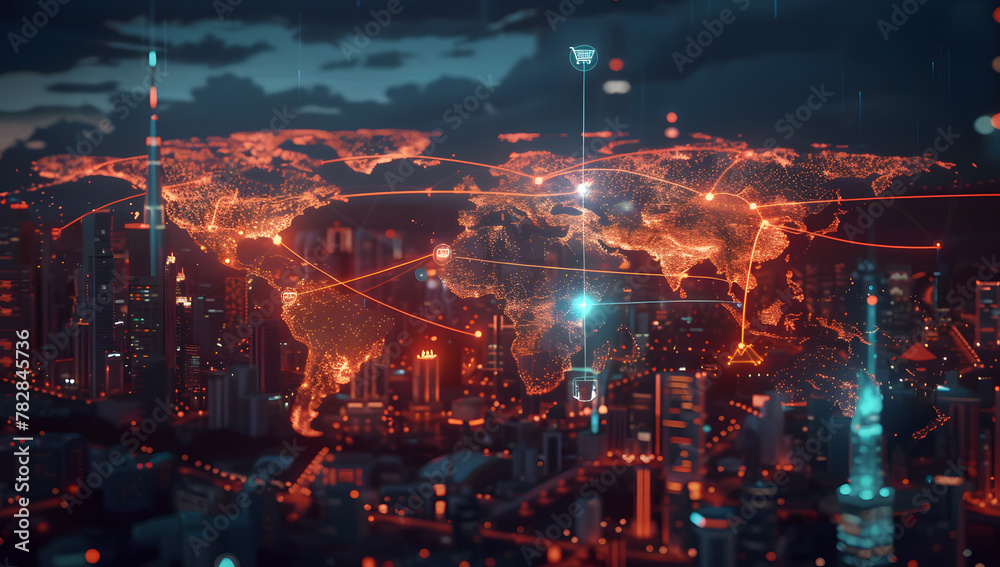 Fototapeta premium Global Connectivity Map: A Futuristic View of Urban Trade
