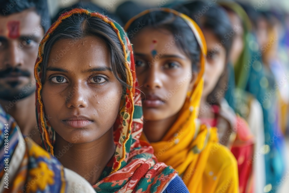 group of Indian women standing next to each other in row and posing for a picture, likely representing a village or community during Election or Social Event Purpose.