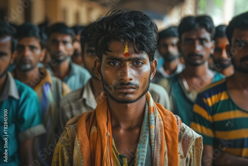 group of youth Indian men standing next to each other in row and posing for a picture, likely representing a village or community during Election or Social Event Purpose. photo