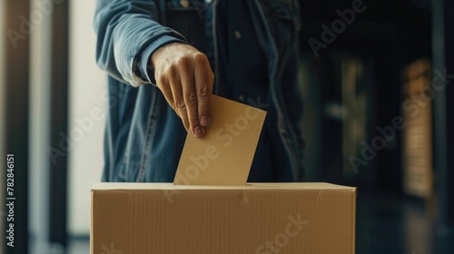 Voter putting their paper ballot into cardboard box on Election Day, closeup shot. © shelbys