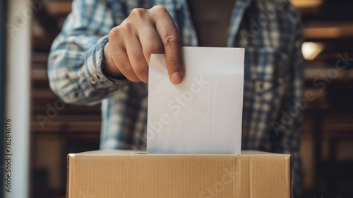 Voter putting their paper ballot into cardboard box on Election Day, closeup shot.