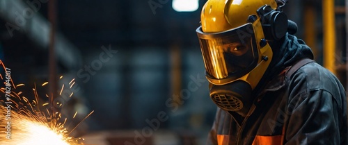 professional a gas mask engineer factory in protective uniform operating machine, Engineering worker in safety hardhat at warehouse industrial facilities, Heavy Industry Manufacturing  photo