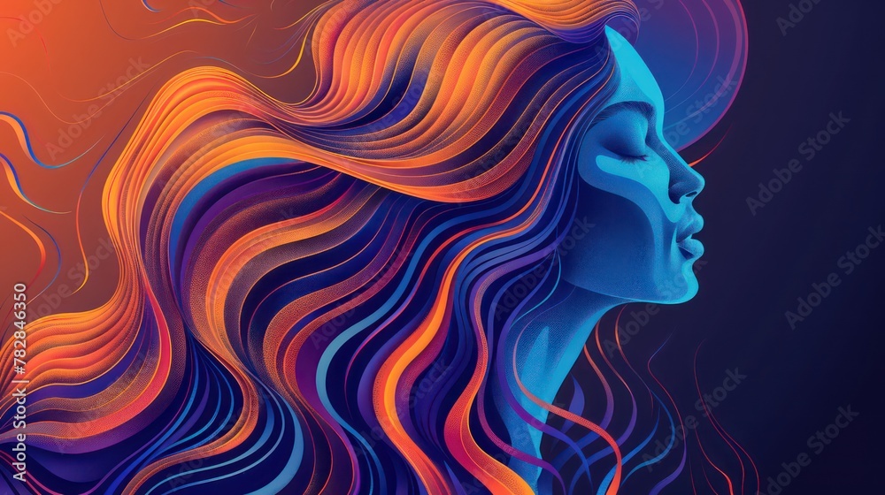 A painting of a beautiful woman with colorful wavy and loose hair with a serenity and elegance colorful concept.