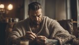 A focused man with tattoos knits at home, wine beside him, in a cozy, neutrally toned setting.