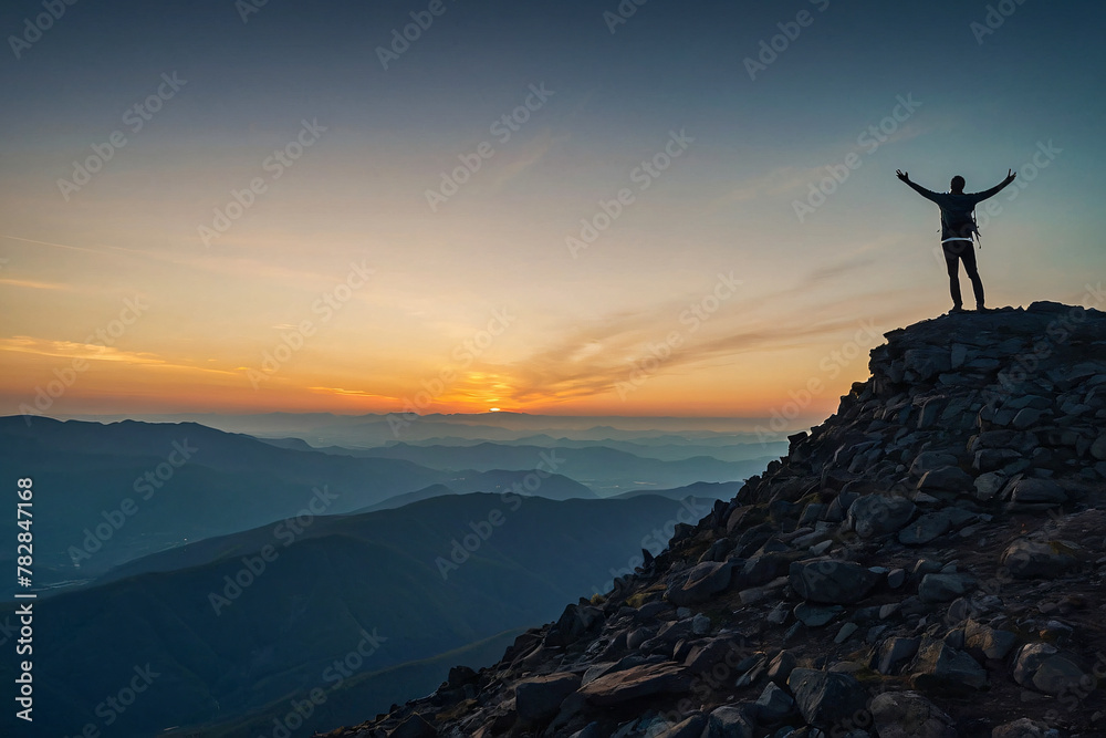 silhouette of a lone person standing on top of a mountain with arms stretched towards the sky to celebrate their success