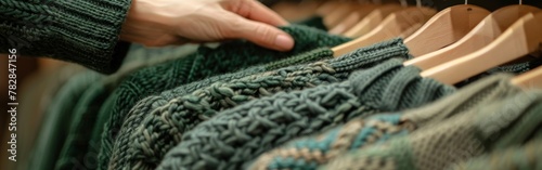 A womans hand is seen selecting a green sweater from a rack of clothing items photo