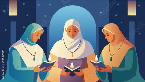 A circle of elderly women holding rosaries and wearing traditional garments sat quietly in a candlelit room their voices blending in peaceful