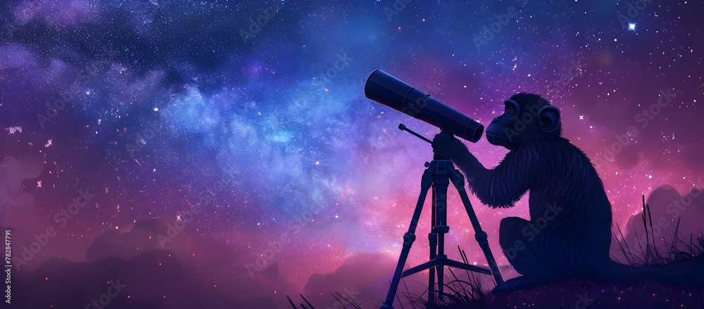 Curious Monkey Watching the Cosmic Ballet with Telescope in Starry Night Sky