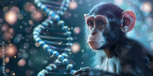 Genetically Engineered Monkey Scientist Examining DNA Strands in Futuristic Laboratory photo