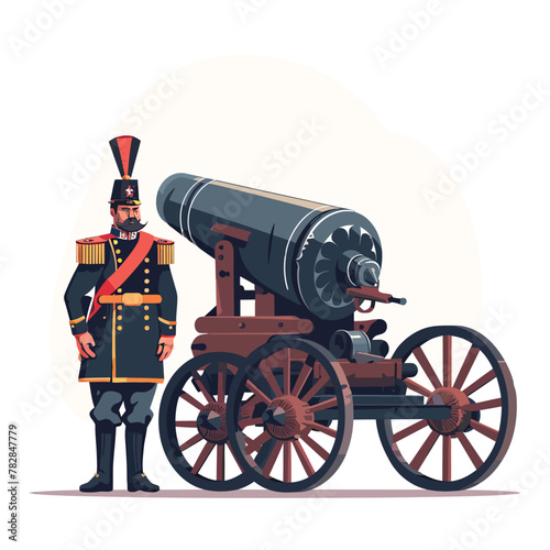 a man in uniform standing next to a cannon