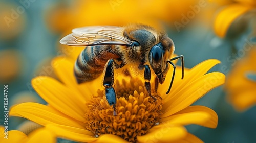 Bee pollinating flowers, symbolizing the essential role of pollinators in agriculture. AI generate illustration photo