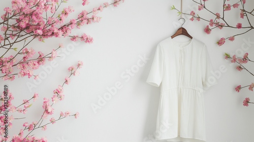 white dress mockup, white wall and spring flower background, 3d render