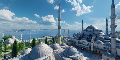  Gazing Upon the Minarets and Domes of the Blue Mosque as They Tower Over the Serene Bosporus River, Offering a Captivating Blend of Architectural Magnificence and Natural Splendor  photo