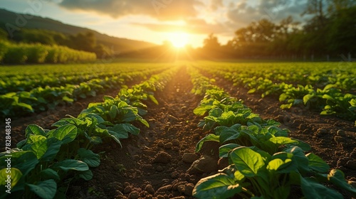 Farm landscape, featuring rows of crops creating. AI generate illustration photo