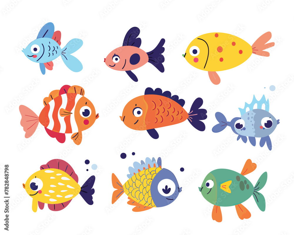 a group of different colored fish on a white background