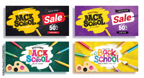 Back to school sale vector banner set. Back to school greeting text and promotion lay out collection for educational shopping flyers background. Vector illustration school greeting design. 