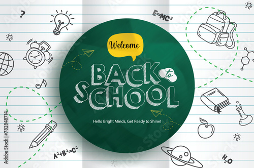 Back to school greeting vector template. Welcome back to school greeting text in green chalk board with doodle elements in paper background. Vector illustration school greeting design.

